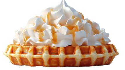 Waffle Delight: A perfectly golden waffle, crowned with a generous swirl of fresh, creamy whipped topping, and a drizzle of sweet caramel, enticing the viewer with its deliciousness.