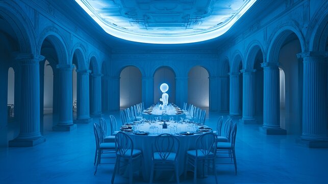 Elegant blue-lit banquet hall, formal dinner setting, classical architecture, event space