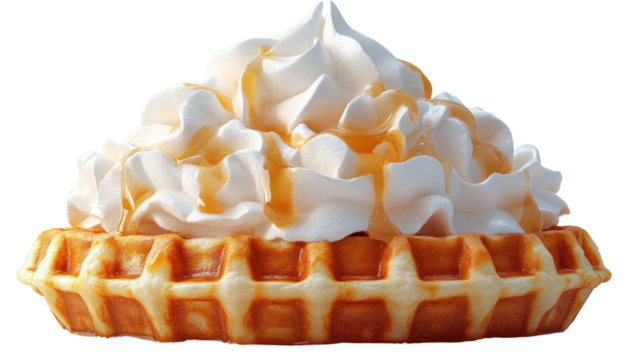 Waffle Delight: A perfectly golden waffle, crowned with a generous swirl of fresh, creamy whipped topping, and a drizzle of sweet caramel, enticing the viewer with its deliciousness.