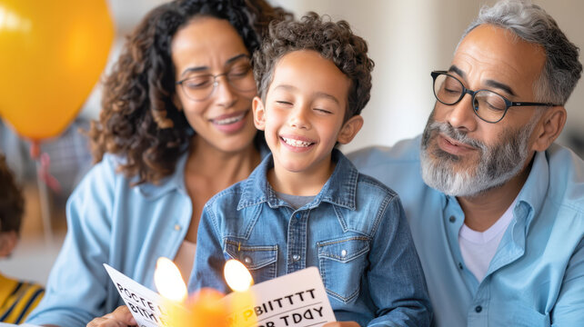 Parents celebrating their child birthday with joy, reading card together, creating warm family moment filled with love and happiness