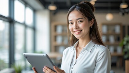 Fototapeta premium A young, smiling businesswoman or teacher in an office setting, holding a digital tablet.