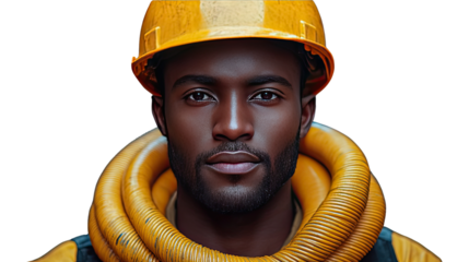 Portrait of a Skilled Worker: A determined construction worker, clad in a yellow hard hat and safety gear, exudes confidence, a symbol of dedication and skill in his field.
