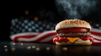 Steaming burger with cheese and ketchup, American flag in background
