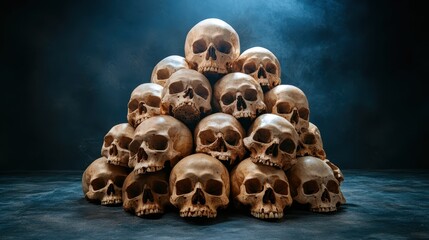 An artistic formation of human skulls arranged in a pyramid shape, dramatically lit to enhance the textures, casting deep shadows that evoke a sense of contemplation and intrigue.