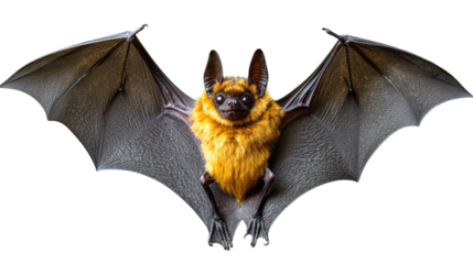 Mystical Bat: A captivating bat with its wings spread wide, showcasing the intriguing textures and details of its fur and skin in a close-up, well-lit shot.