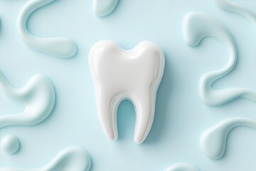 A bright and clean tooth is showcased amidst glowing blue swirls, symbolizing cleanliness and protection. The soft background offers space for branding or additional text