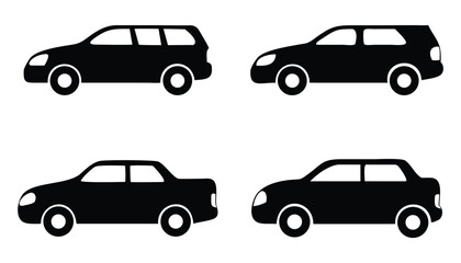 Fototapeta premium Set of Simple Black Car Icons Featuring Versatile Models. Black Silhouette Collection of Utility and Luxury Cars. Modern and Classic Car Designs in Minimalist Silhouettes. 