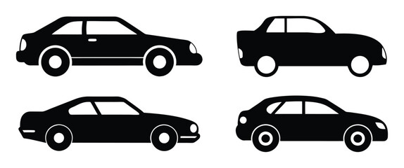 Set of Simple Black Car Icons Featuring Versatile Models. Black Silhouette Collection of Utility and Luxury Cars. Modern and Classic Car Designs in Minimalist Silhouettes. 