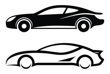 Stylish Sports and Sedan Car Silhouette Vector Set. Black and White Vehicle Outline Design Collection. Side View Car Silhouette Icons for Graphics.