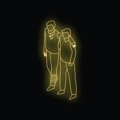 Neon illustration of two friends walking and supporting each other, symbolizing friendship, help, and compassion