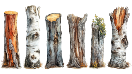 Tree Stumps Showcase: A curated collection of diverse tree stumps displays varying textures and appearances, embodying the cyclical narrative of nature and resilience.