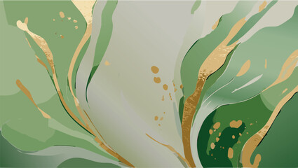 Abstract, marble texture, watercolor background, with golden lines, geometric, luxury wallpaper for posters, banners, stone texture. Green botanical details watercolor design.