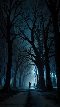 A nightmarish binary tree entity towers over a deserted city street, its branches twisting and bifurcating in unnatural patterns. In the center, a face-like formation appears, with hollow eyes and a g