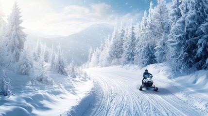 Snowy landscape with person riding snowmobile on winter day