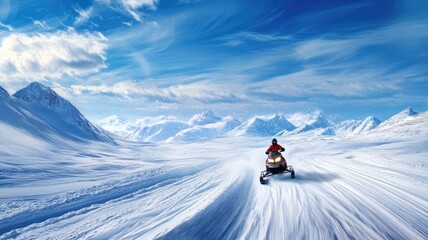 Snowmobile in snowy mountains under clear blue sky