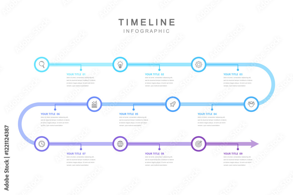 Wall mural business road map timeline infographic concept. with icons and 9 steps. can be used for workflow lay