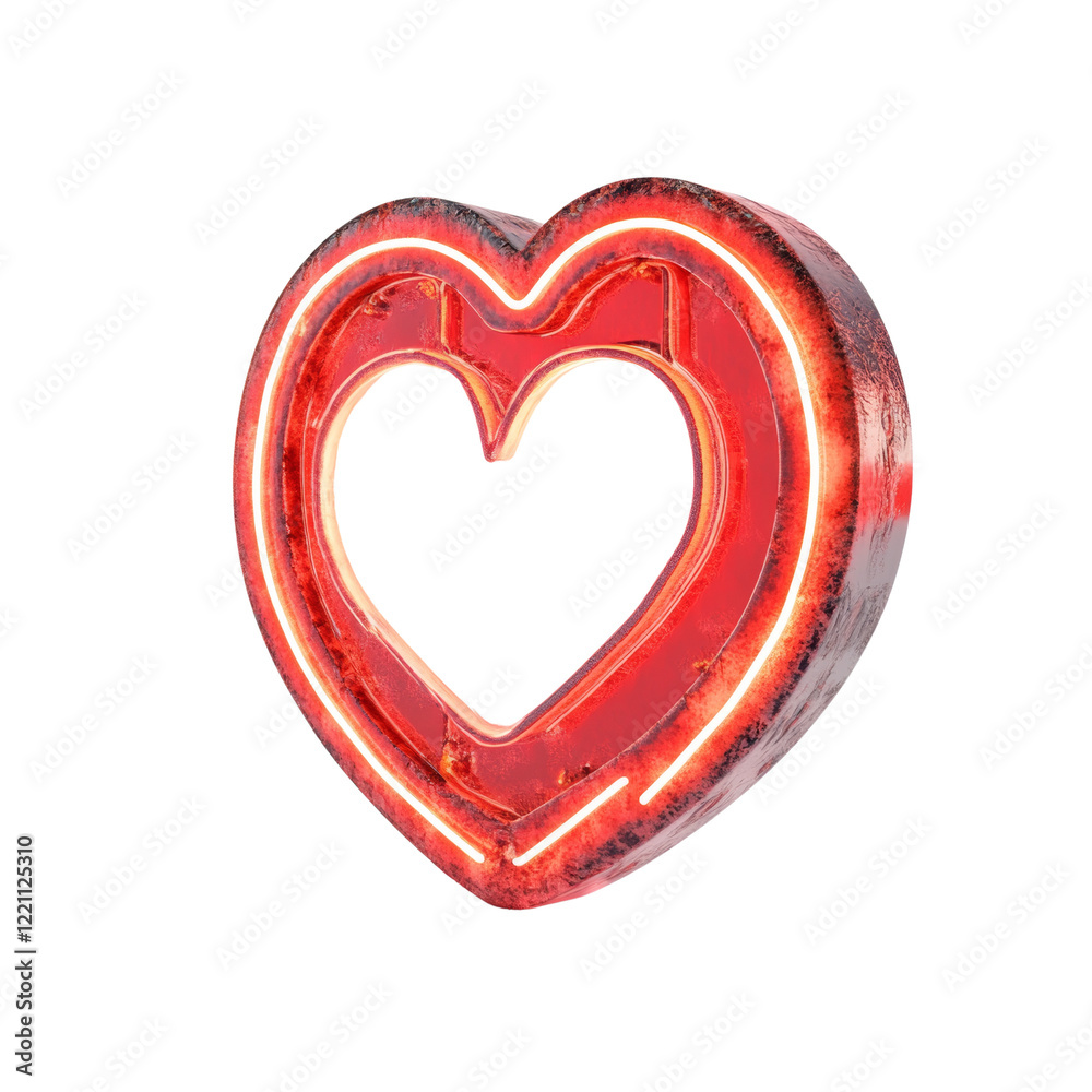 Aufkleber a three dimensional red heart shaped neon light with a white inner glow is shown against a black bac