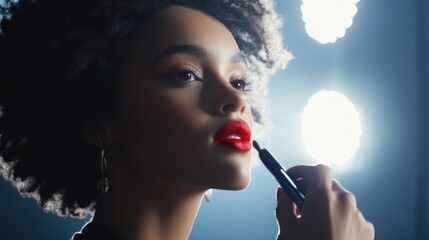 Fototapeta premium Woman Applying Red Lipstick Makeup Session