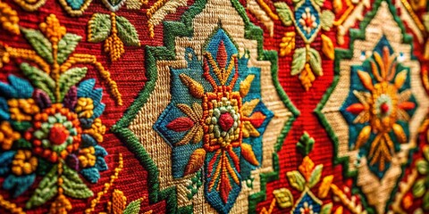 Fototapeta premium Vintage Tapestry Detail: Rich Textures and Colors in Antique Woven Fabric