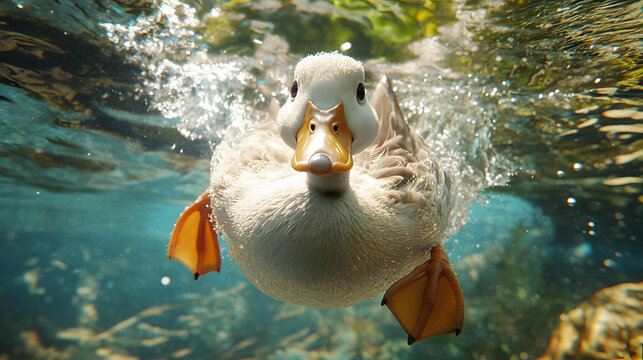 A captivating underwater view of a duck swimming gracefully through clear water