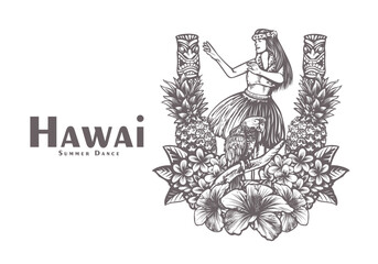 Hand Drawn Summer Dance Illustration with Floral and Totem Frame
