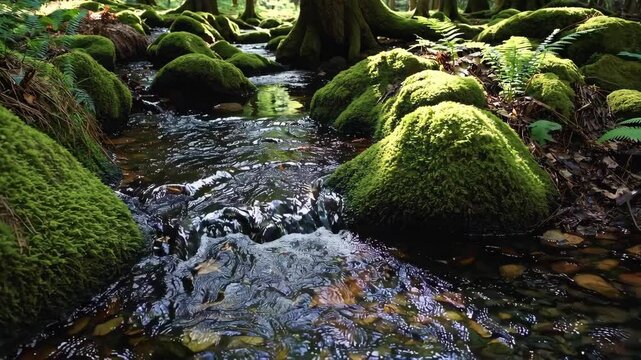 small stream flowing over mossy rocks in a quiet woodland