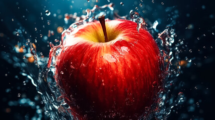 Red apple is floating in a pool of water. The apple is surrounded by water droplets, creating a sense of movement and energy. The image conveys a feeling of freshness and vitality