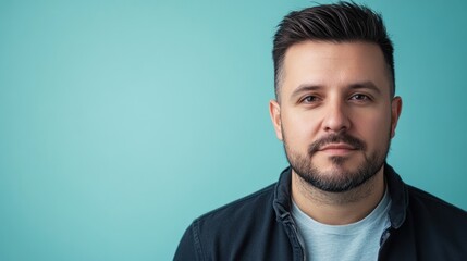 Fototapeta premium A young man with a beard poses against a teal background