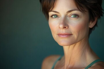 Fototapeta premium This beautiful portrait highlights a mature woman radiating elegance and tranquility, with a warm expression and soft lighting enhancing her natural beauty.