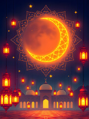 Ramzan Event Poster with Crescent Moon, Arabesque Patterns, and Lanterns