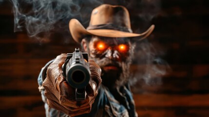 A striking depiction of a mysterious, rugged figure with glowing eyes aiming a gun, presenting themes of danger and intrigue set against a smoky and dark background.