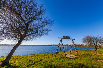 Fototapeta premium A swing set stands on a grassy bank overlooking a calm lake unde