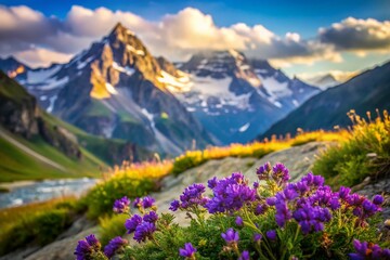 Fototapeta premium Violet Alpine Wildflowers and Mountain Chain Header Image - Urban Exploration Photography