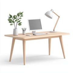 Wooden desk with laptop and plant modern workspace and office setup for productivity and inspiration minimalist style