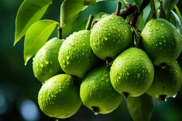 Fototapeta premium Bunch of green citrus fruit with raindrops on them. The fruit is hanging from a tree branch