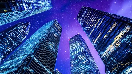 A futuristic cityscape with towering skyscrapers made of glass, glowing with blue neon lights, and soft, holographic mist swirling through the streets, set against a deep purple night sky with stars