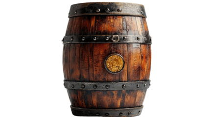 Rustic Wine Barrel: A detailed studio shot of a traditional wooden barrel, aged and weathered, with prominent metal hoops, evokes the rich history of winemaking and storage.