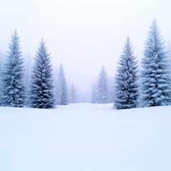 Naklejka premium Winter landscape featuring snow-covered fir trees in a serene natural environment with clear blue sky