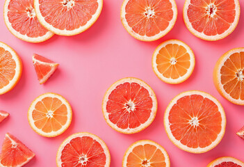 Creative pattern made of sliced grapefruits on pink background. Flat lay, top view