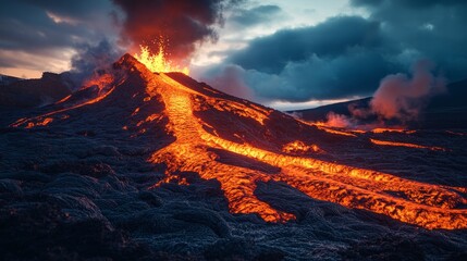 Fototapeta premium A volcano with a lava flow and a fire