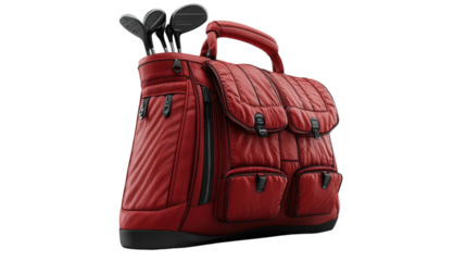 Stylish Golf Bag: A sleek, modern golf bag in a rich red hue, showcasing the perfect blend of function and fashion for the avid golfer. The clubs peeking out add to the allure.