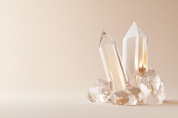 Transparent crystal shapes are artfully arranged with glossy gold accents, gently floating on a beige to white gradient background, creating a luxurious and modern feel