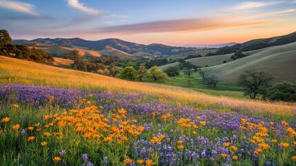 Fototapeta premium Rolling Hills Sunset Wildflower Meadow Landscape