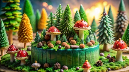 Fototapeta premium Watercolor Coniferous Forest Cake: Edible Forest Scene, Whimsical Dessert Photography