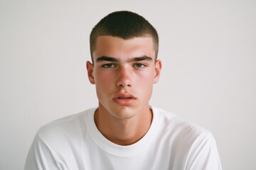 Fototapeta premium This contemporary portrait captures a serious young man in a white tee, offering a clean and modern aesthetic, ideal for fashion and editorial usage.