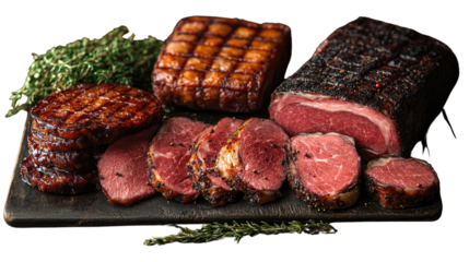 A Carnivore's Dream: This image showcases a meticulously arranged selection of high-quality, perfectly cooked cuts of steak, each exhibiting a unique texture and rich flavor profile.