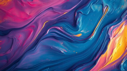 A painting of a blue and yellow swirl with pink and purple accents
