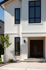 Modern White House Exterior: Contemporary Architecture and Minimalist Design. Luxury Home with Stylish Facade, Large Windows, and Landscaped Entrance.