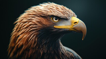 Fototapeta premium Majestic golden eagle portrait showcasing intricate feather details and fierce expression against a dark backdrop