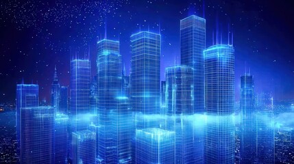 Fototapeta premium A futuristic cityscape with towering skyscrapers made of glass, glowing with blue neon lights, and soft, holographic mist swirling through the streets, set against a deep purple night sky with stars